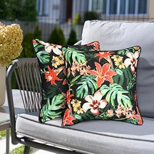 Pack of 2 Waterproof Outdoor Colorful Flowers with Tropical Plants Throw Pillow Covers 18 x 18 Inch Decorative Print Pillow Cases for Sofa Couch Square Garden Patio Funiture Bench Black