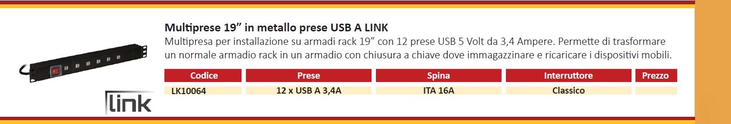 Link multipresa 1U 19" per armadi rack LK10064-12 prese USB 3,4A ricarica dispositivi mobili con interruttore LED e 6 prese universali/Schuko, metallo 1 unità, 48,5x4,5x4,5. Alette reversibili.