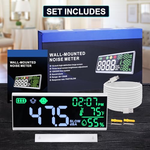 Dezibel-Messgerät, 13 Zoll Schall-Dezibel-Messgerät, Anzeige von Zeit, Temperatur, Luftfeuchtigkeit, Wandmontage und Desktop-Schallpegelmesser mit Summer-Alarm-Symbole, Geräuschmesser für