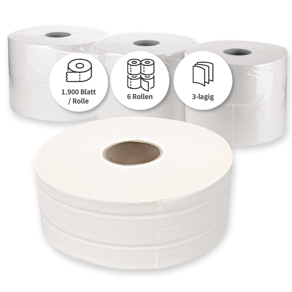 6 Stück, Toilettenpapier, FRANZ MENSCH, 20x9cm, weiß, 3-lagig, 1900 Abrisse | Jumbo, Zellulose, Ø 30cm, 8cm Kern, 380m Lauflänge, WC-Papier, Klopapier, restroom, Sanitärbereich, Großverbrauch