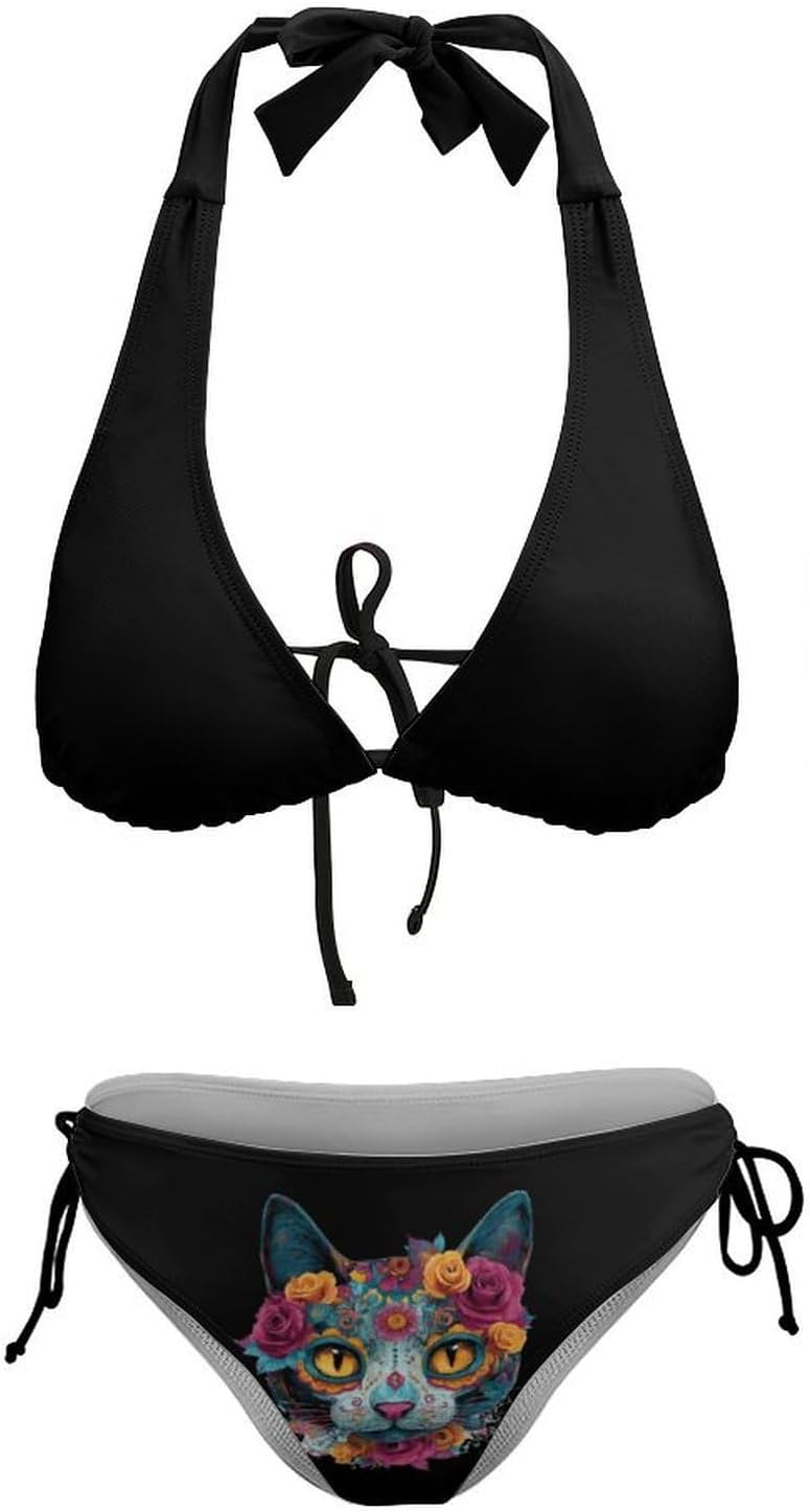 The Day of Dead Skull Cats Novelty Women's 2 Piece String Bikini Set Swimsuits Bathing Suit Swimwear