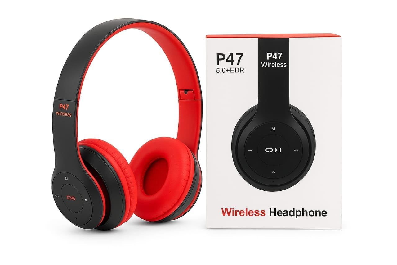 icall Premium Wireless Headset P47 Bluetooth Over-Ear Headphones with Mic, SD Card & AUX,Foldable Design, Deep Bass & Long Battery Life (Red)-image-13