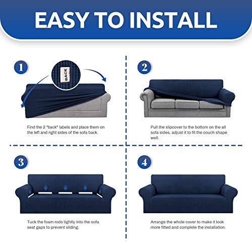 KEKUOU Stretch Oversized Sofa Slipcover 1 Piece Couch Sofa Cover (94"-110") Furniture Protector 4 Seater Sofa with Elastic Bottom for Kids,Pet.Jacquard Checked Pattern Fabric(X Large,Navy Blue)