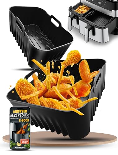 Silicone Air Fryer Liner for Tefal Dual Easy Fry XXL 11L Air Fryer Accessories for Air Fryer Dual Drawer Baskets EY942BG0 AirFryer Trays for Tefal 6.5L & 4.5L 2 Drawer Basket Air Fryer2Pcs Black