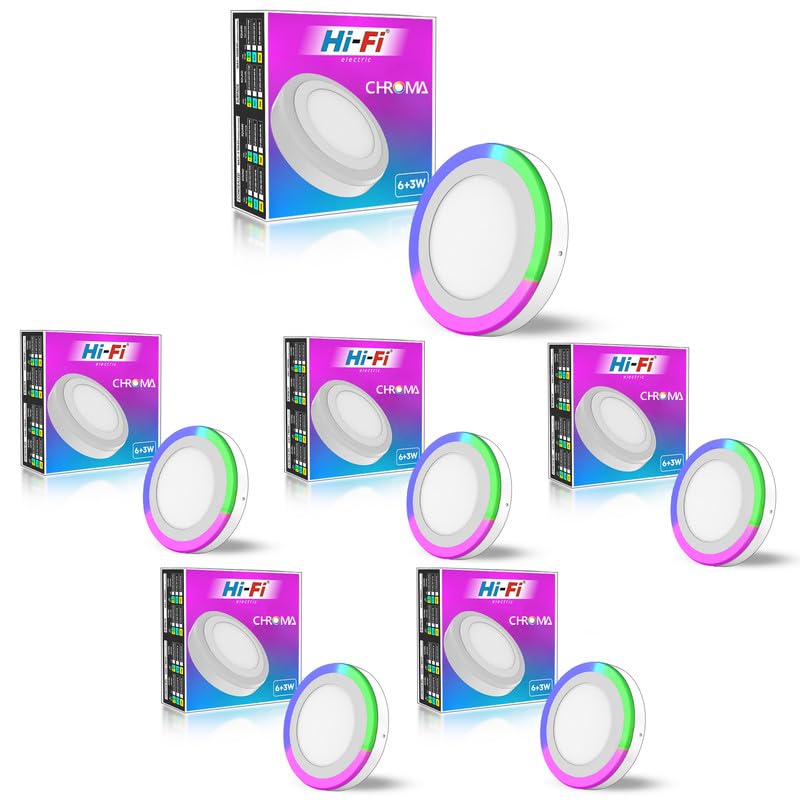 Image of Hi-Fi Chroma 2-in-1 6W+3W Double Color Round LED Surface Light for Home & Office | (Cool White + PGB (Pink + Green + Blue), Pack of 6)