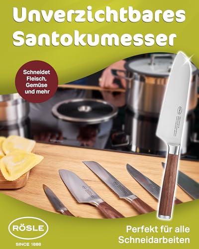 Foto von RÖSLE Santokumesser Masterclass 17 cm - Hochwertiges Küchenmesser zum feinen Schneiden von Fleisch, Fisch und Gemüse, Klingenstahl, ein scharfes Schneidemesser mit ergonomischem Griff aus Walnussholz