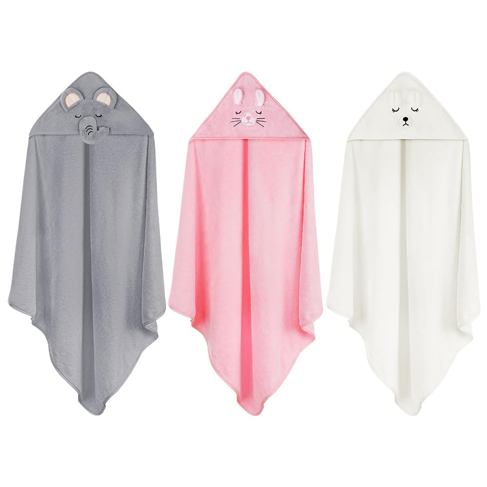 Aolso 3 Pz Asciugamano con cappuccio, 80 x 80 cm Asciugamani da Bagno per Bambini con Cappuccio, Morbidi e Assorbenti, per Neonati e Bambini 0-3 Anni -Bianco/Grigio/Rosa
