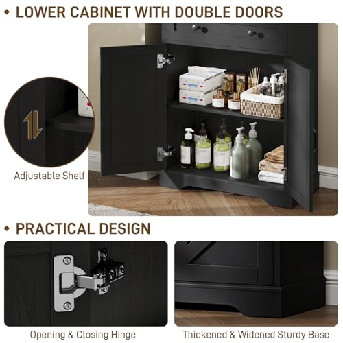 Image of Vabches 70 inch Tall Bathroom Storage Cabinet, Farmhouse Bathroom Cabinet with 3 Drawers, Adjustable Shelves & Doors, 3 Tier Wood Cabinets for Bathroom, Living Room, Rustic Black
