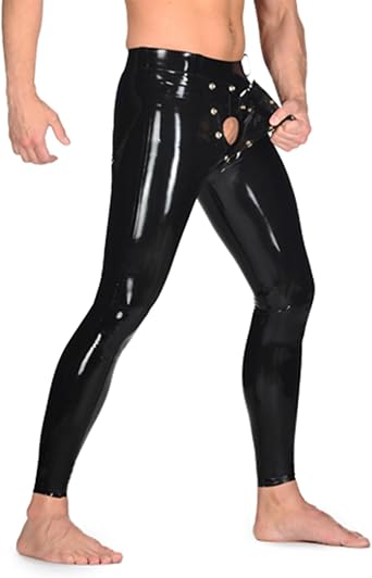 Men Black Latex Rubber Tight Long Pants Trousers with Detachable Codpiece Crotch Inside Openning JJ Hole Customize Size