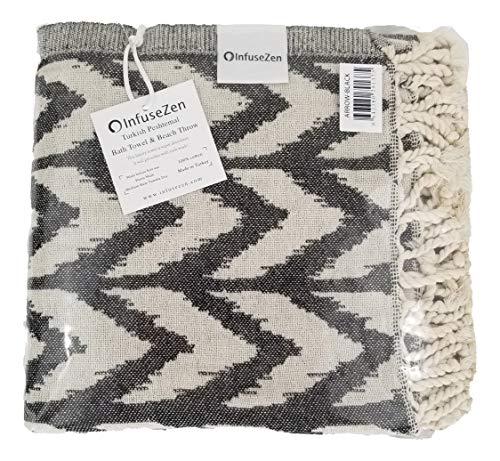 Infusezen Peshtemal Towel With Woven Arrow Design - Thin & Absorbent Beach Bath Towels - 100% Cotton Oversized Turkish Towel – Lightweight Hammam Fouta Towel For Pool Or Gym – Travel Towel (Black) #TOP6