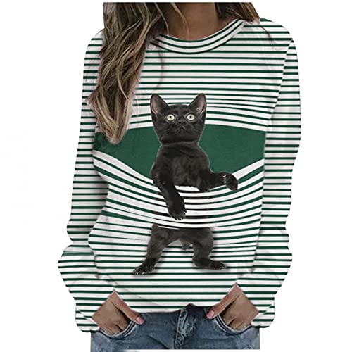 feftops Pullover Manga Casual de Cuello Redondo de Dibujos Animados Gato Raya Suelta Suelto Suave de Manga larga Suéter Verde Negro Suave luz Camiseta Creativa 3D Patrón Tops Cover
