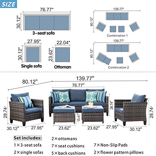 Xizzi Patio Furniture Sets Outdoor Conversation Set 5 Piece All Weather Wicker Sofa Sectional With Ottomans And 2 Pillows For Garden Backyard Deck,Grey Wicker Denim Blue #TOP6