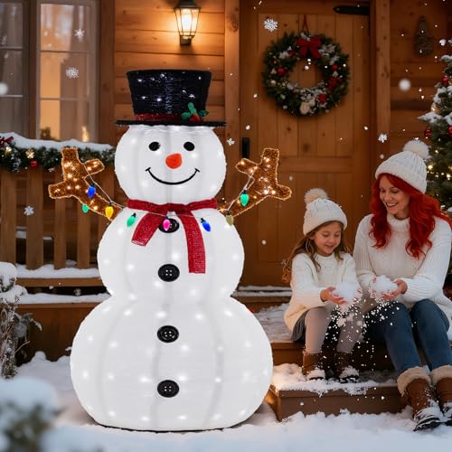 Sweetcrispy 5ft Outdoor Lighted Snowman Christmas Decoration for Yard Large Outdoor Christmas Decorations w/ 200 LED Lights Hat Scarf Red