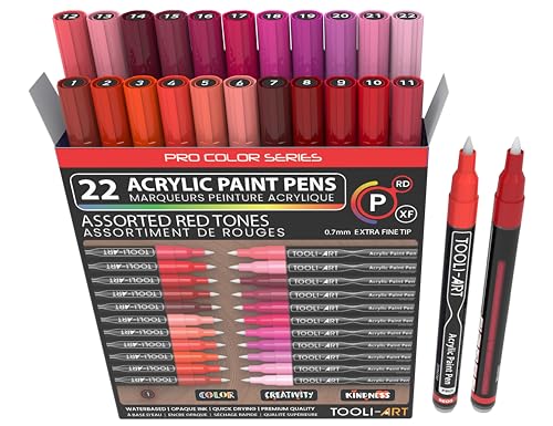 Lot de 22 marqueurs de peinture acrylique rouge et rose de la série Pro Color, pointe extra fine de 0,7 mm pour peindre sur la roche, le verre, les tasses, le...