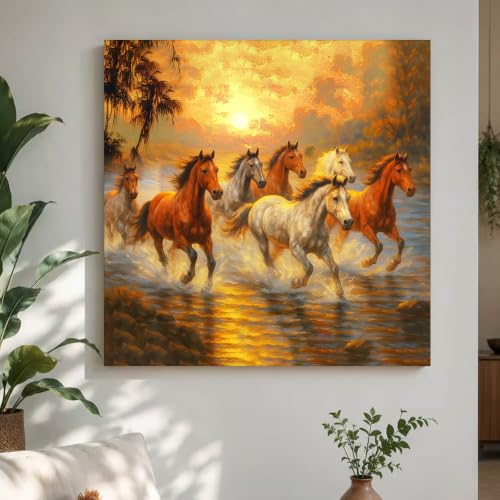 Image of PAINTINGMANTRA 7 Running Horses Vastu Stretched Canvas Painting For Living Room Seven Horses Vastu Wall Art Painting Symbol of Success Wall Art for Home & Office, 22x22 Inch