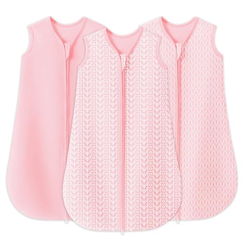 SWEET DOLPHIN Baby Sleep Sack 0-6 Months - 100% Cotton 2-Way Zipper TOG 0.5 Infant Wearable Blanket, Newborn Essentials Toddler 3 Pack Sleeping Sacks - Pink