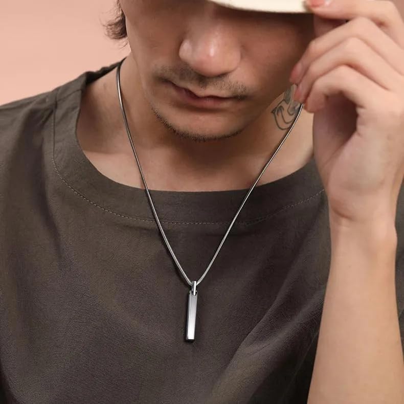 Image of THE MEN THING SLEEK APEX - Pure Titanium Steel Silver Bar Pendant with 24inch Snake Chain for Men & Boys