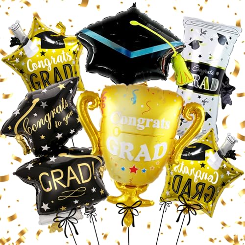 6Pcs Large Black and Gold Graduation Balloons Class of 2026 Set, Mylar Congrats Grad Balloons For College High School Graduation Decorations 2026 Indoor Outdoor