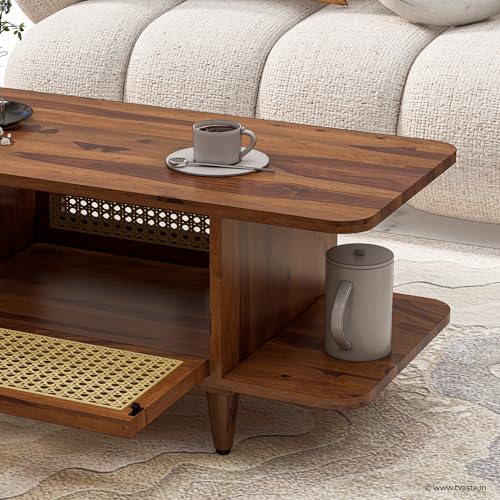 Image of SIDHI Solid Sheesham Wood Coffee Table & Center Table with Rattan Cane Lift-Down Shutter & Both Side Open Shelves for Living Room (Honey Finish)