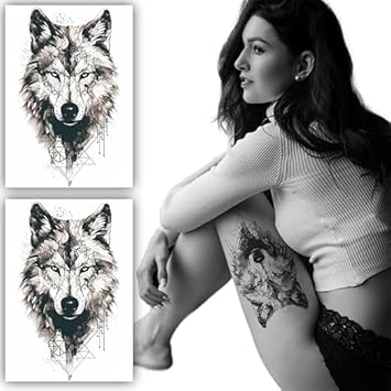 2PCS Geometric Wolf Temporary Tattoo Stickers - Abstract Art 22x15cm for Men & Women