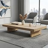 Minimalist Solid Wood Coffee Table for Living Room, Low Profile Square/Rectangular Coffee Table with 1.57' Thick Top, Adjustable Feet, Sturdy for Farmhouse Office Natural Wood 39.3'L×23.6'W