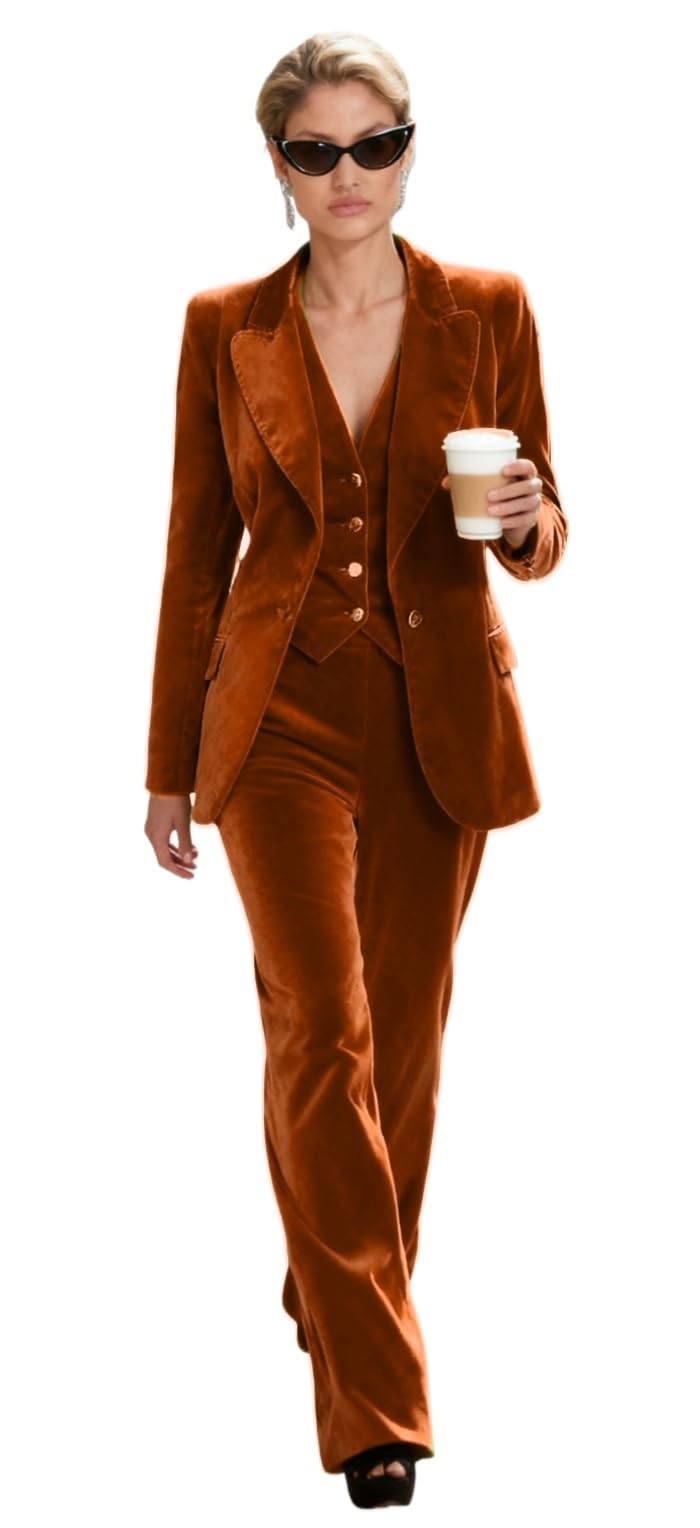 Botong 3 Pieces Velvet Suit Women Peak Lapel Office Lady Suit One Button Blazer Vest Pants Outfit Orange