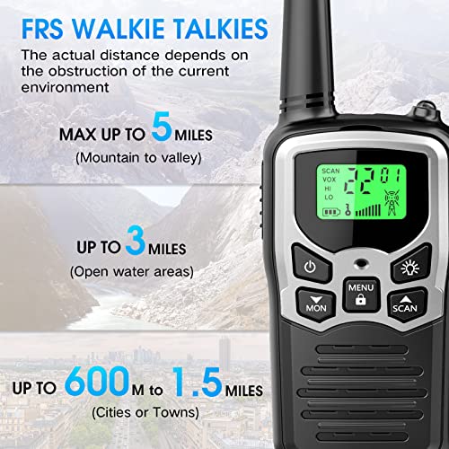 Image of Walkie Talkies with 22 FRS Channels, MOICO Walkie Talkies for Adults with LED Flashlight VOX Scan LCD Display, Long Range Family, Radios for Hiking Camping Trip (Silver, 4 Pack)