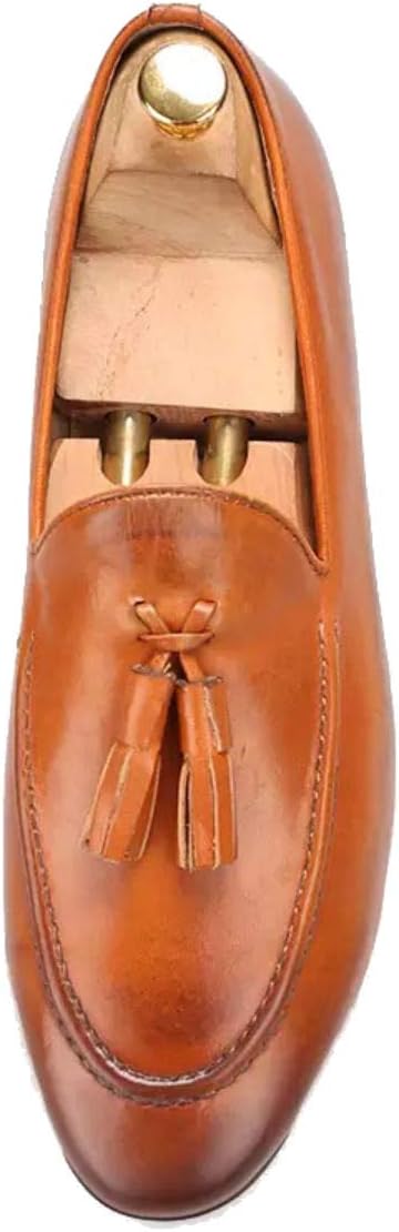 FERUCCI Handmade Men Plain Brown Leather with Brown Tassel Slippers Loafers