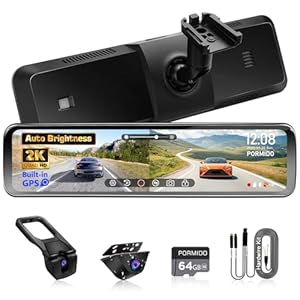 PORMIDO OEM Rear View Mirror Camera with Auto-Brightness, 11″ Mirror Dash Cam with 2K Ultra-Bright Touchscreen, Detached Front Backup Rearview Zoom Built-in GPS Night Vision 64GB Card Parking Monitor