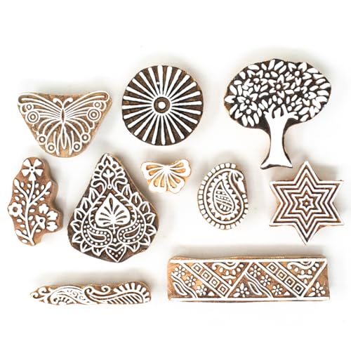 Image of Wooden Stamp Block, Printing Stamp Design Set | Block for Printing Saree Border | Dresses, Craft Card Making, Scrapbook, Clay Pottery | Set of 10