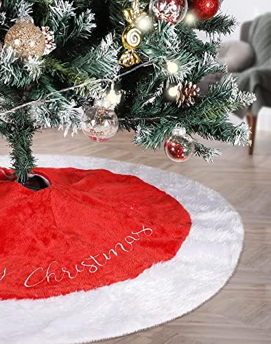 SUEH DESIGN Christmas Tree Skirt, 48inches Xmas Large Tree Skirt Red and Snowy White Tree Mat Faux Fur Christmas Decoration for Tree Holiday Party New Year Merry Christmas Home Decor