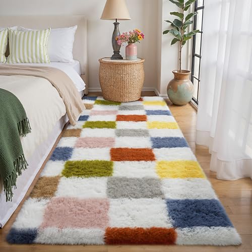 2x6 Checkered Rug Grey and White Modern Soft Area Rug Fluffy Non-Slip Carpet for Bedroom Living Room Playroom Home Aesthetic Decor 2' x 6' (Runner) Checkered Grey