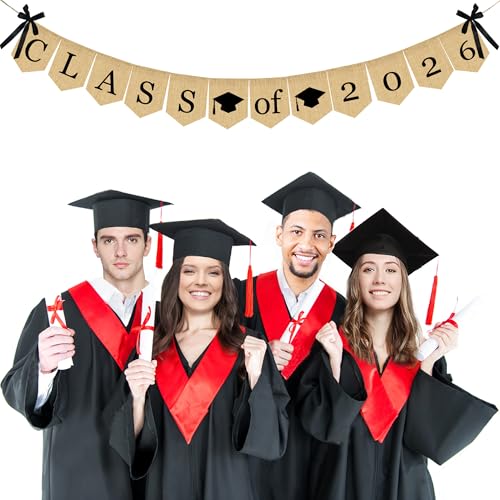 Image of Burlap Class of 2026 Graduation Banner - No DIY Required | Rustic Vintage Graduation Decorations Sign for College Grad Party and High School Grad Party Supplies 2026