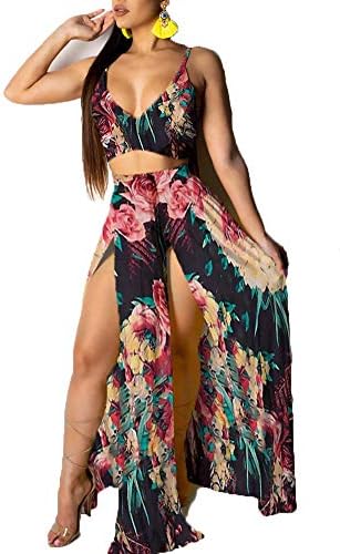 LKOUS Women's Casual Side Slit Two-Piece Maxi Dresses V Neck Spaghetti Strap Floral Printed Beach Dress Sundress