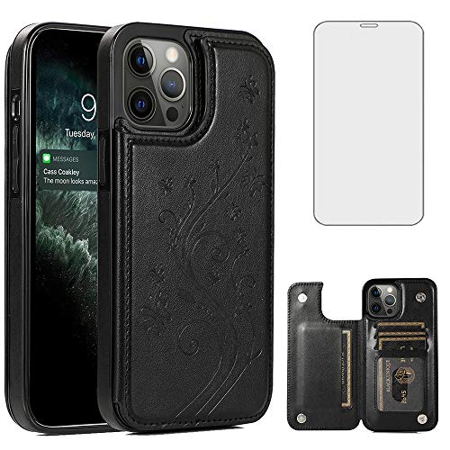 Étui portefeuille iPhone 12 Pro Max avec protection écran verre trempé noir
