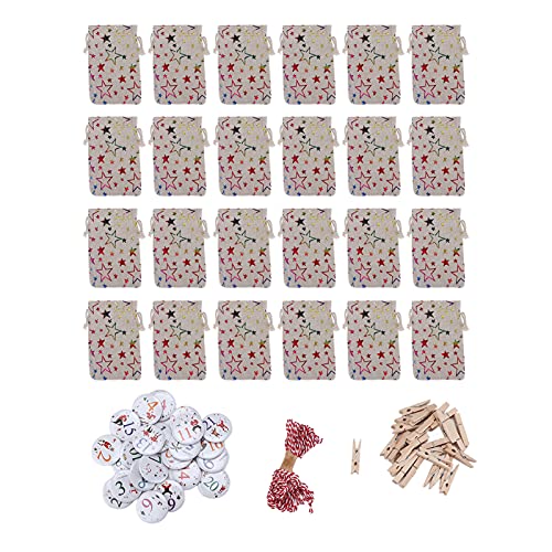 24 Uds Bolsas Colgantes de Navidad Bolsas de Lino con cordón Bolsas con Clips para Envolver Dulces Suministros de Fiesta (Estilo Estrella de Cinco Puntas)