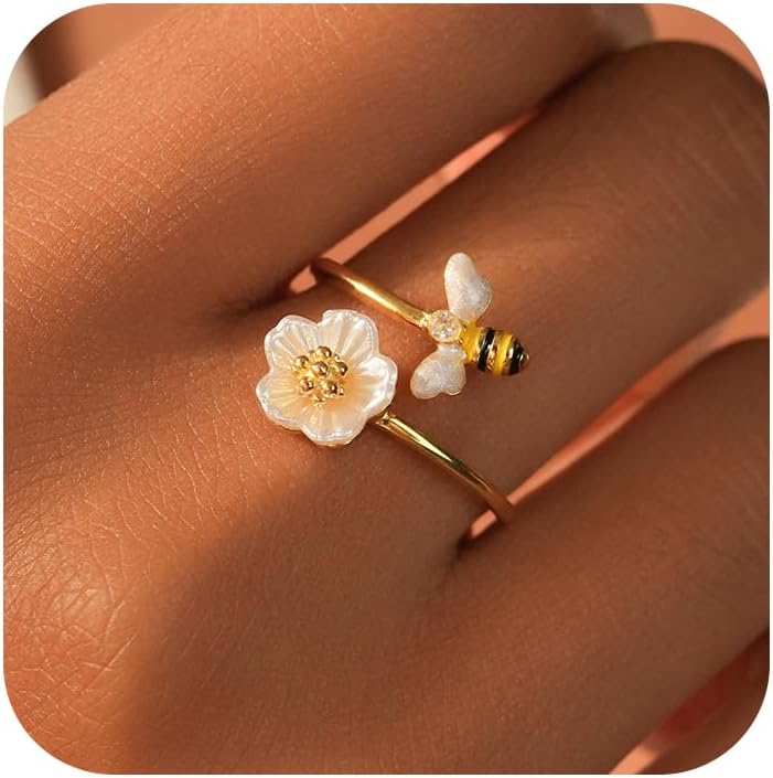 925 Sterling Silver Dainty Flower Ring for Women 14k Gold Plated Sparkling White Cubic Zirconia Leaf Ring for Mother Daughter Elegant Wedding Statement Jewelry Open Wrap Finger Band Valentine's Day Gift