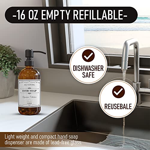 Image of Sunrise Premium 2 Pack Amber Glass Soap Dispenser 16 OZ with Matte Black Stainless Steel Pump, Hand and Dish Soap Dispenser Set for Bathroom and Kitchen Sink with 6 Waterproof Labels