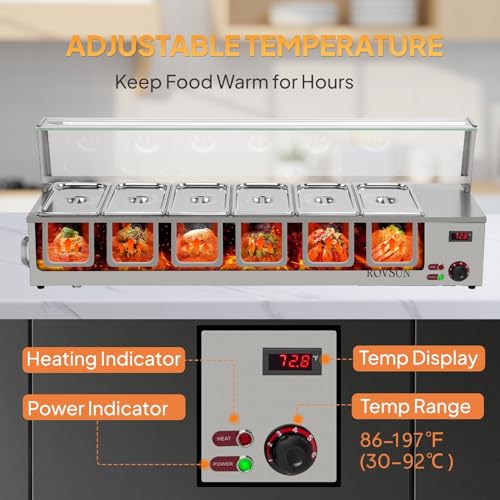 Rovsun FOOD WARMER-5 48Qt 1500W Electric Commercial Food Warmer, 6-Pan Steam Table 8Qt/Pan Stainless Steel Bain Marie Countertop W/Acrylic Shield Temperature Control & Lid thumb #4