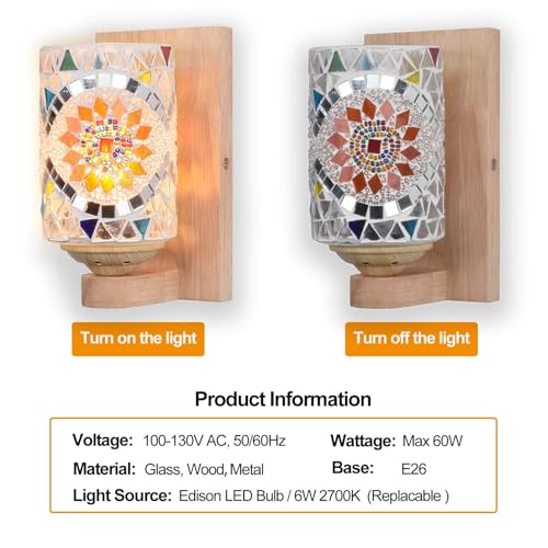 Image of Bedside Colored Mosaic Glass Wall Sconce, Handmade Mediterranean Bohemian Turkish Moroccan Wall Lamp Stained Glass Wall Light Fixtures for Bedroom Living Room Hallway Vanity Corridor Bulb Included