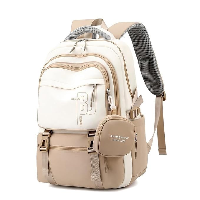 Girls Backpack School Backpack with Small Zipper Pouch Fashion Pink Nylon with Padded Shoulder Straps & Handle Design Multi Compartment Large for School,Camping,Travel (BEIGE)-image-35
