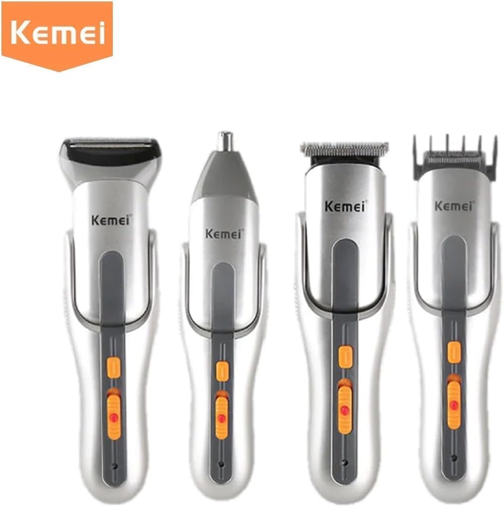 Four different interchangeable heads for the Kemei KM-680A grooming kit: a precision trimmer, a nose/ear trimmer, a foil shaver, and a body shaver.
