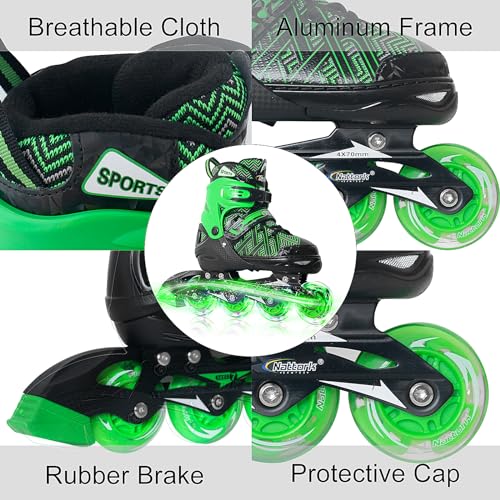 Image of Nattork Adjustable Inline Skates for Youth Big Boys - with Light up Wheels - Green Blade Roller Skating for Beginners Size 5 6 7 8 Ages 11 12 13 14 15