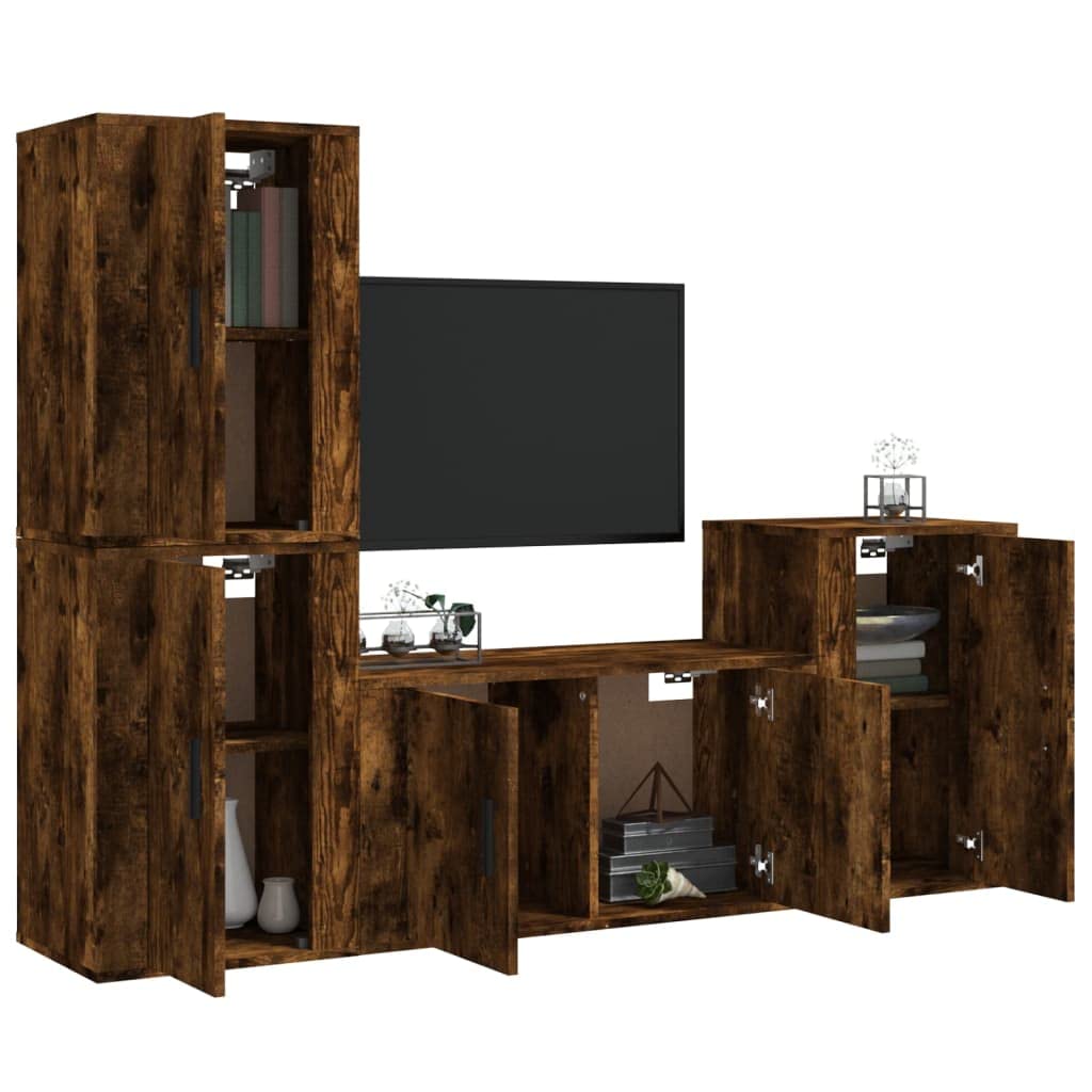 4-TLG. TV-Schrank-Set Räuchereiche Holzwerkstoff, 80x34,5x40 cm, Wandmontage, Modernes Media-Center für Wohnzimmer, Vielseitige TV-Möbel mit Stauraum