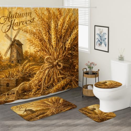Rideau de douche blé rustique vintage doré lavable avec tapis de bain - 3