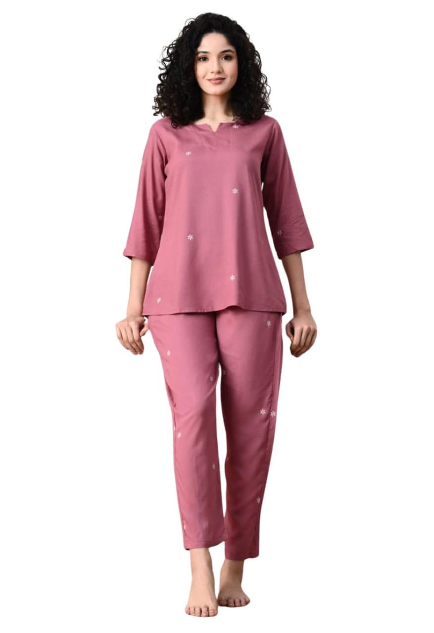 Women's Rayon Pink Night Suit Set, Floral Embroidered Top with Pyjama, Lounge Wear-image-26