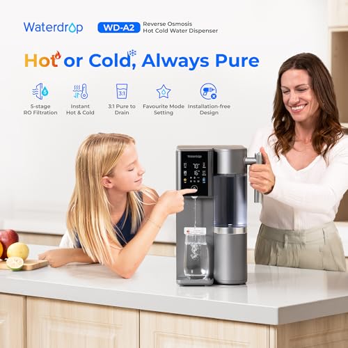 Waterdrop WD-A2 Countertop Reverse Osmosis System, 𝐇𝐨𝐭 𝐚𝐧𝐝 𝐂𝐨𝐥𝐝 RO System, Portable Pure Water Tank, Bottleless Water Cooler, 6 Temperature Settings, Hot Cold Room Water, 3:1 Pure to Drain