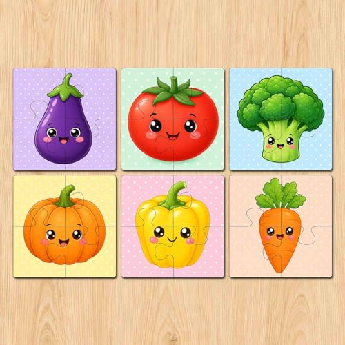 Image of Wooden Jigsaw Puzzle Set of 6 for Kids Age 2-6 Years | Pack of 6 Puzzles with 4 Pieces Each | Toddler Learning Educational Toy | Mixed Themes Puzzle for Boys & Girls (Vegitables)