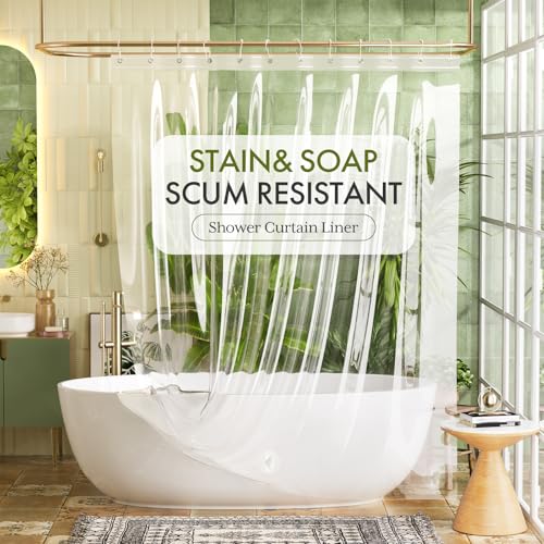 Image of Bathway Heavy Duty Shower Curtain Liner Clear 72x72 Inches PEVA Waterproof Shower Curtain Liner for Bathroom with 3 Big Stones and 12 Rustproof Grommets