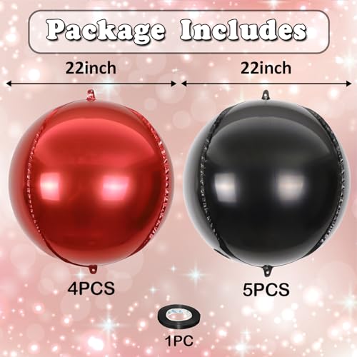 Image of 9 Pcs Black Red Round Foil Balloons Halloween Balloon | 22 In Black Metallic Dark Deep Red 4D Ball Balloon for Vampire Scary Killer Night Grad Birthday Anniversary Party Decor